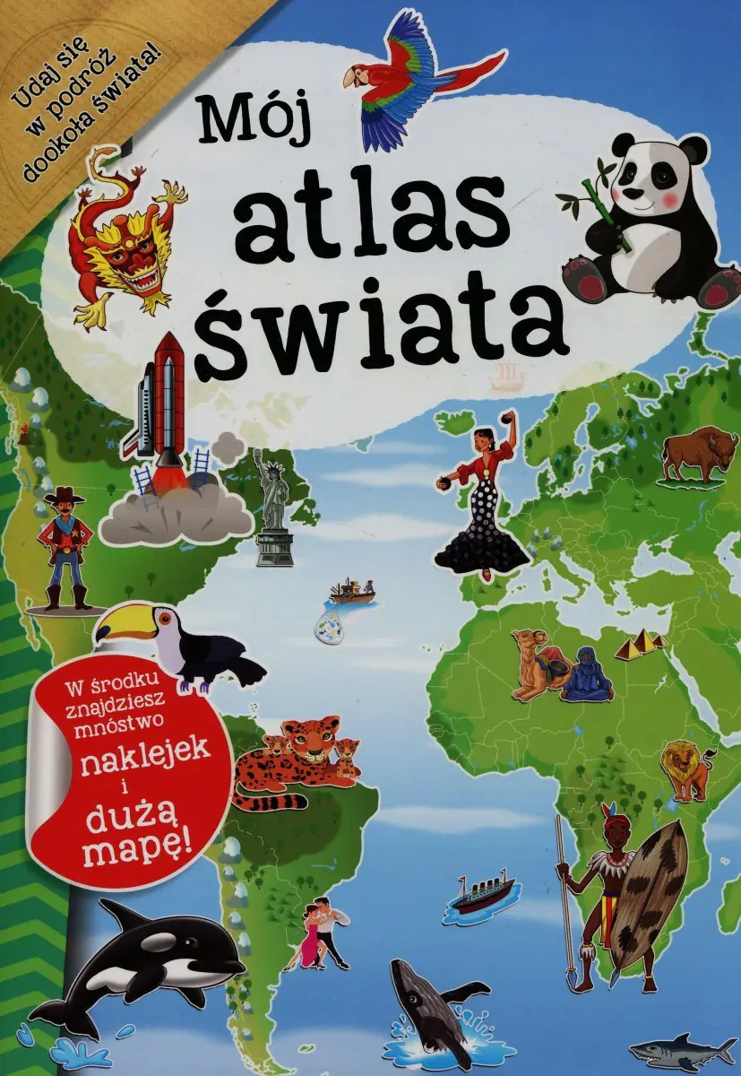Książka - Mój atlas świata z naklejkami + plakat - Papuga