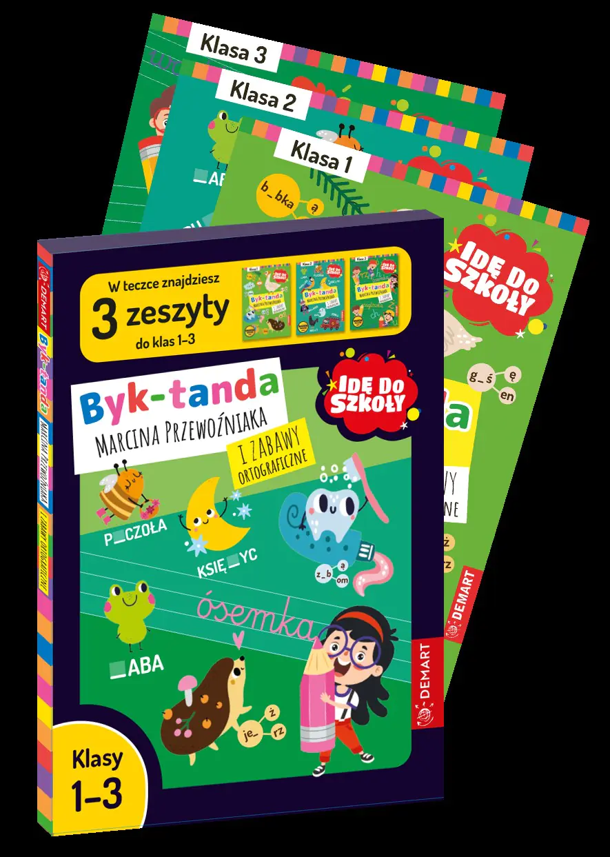 Książka - Teczka - Idę do szkoły. Byk-tanda Marcina Przewoźnika i Zabawy Ortograficzne. Klasy 1-3