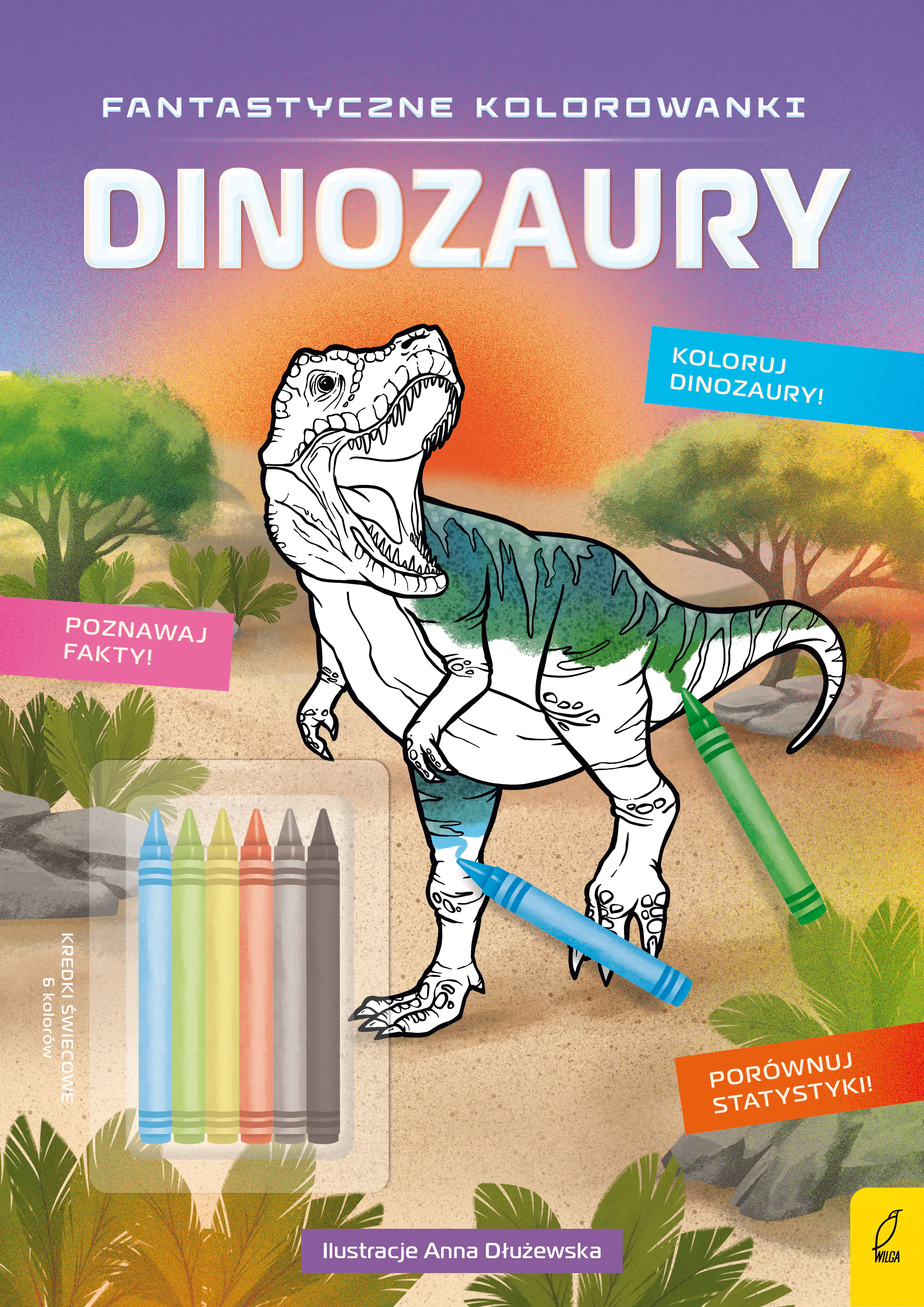 Książka - Dinozaury. Fantastyczne kolorowanki z kredkami