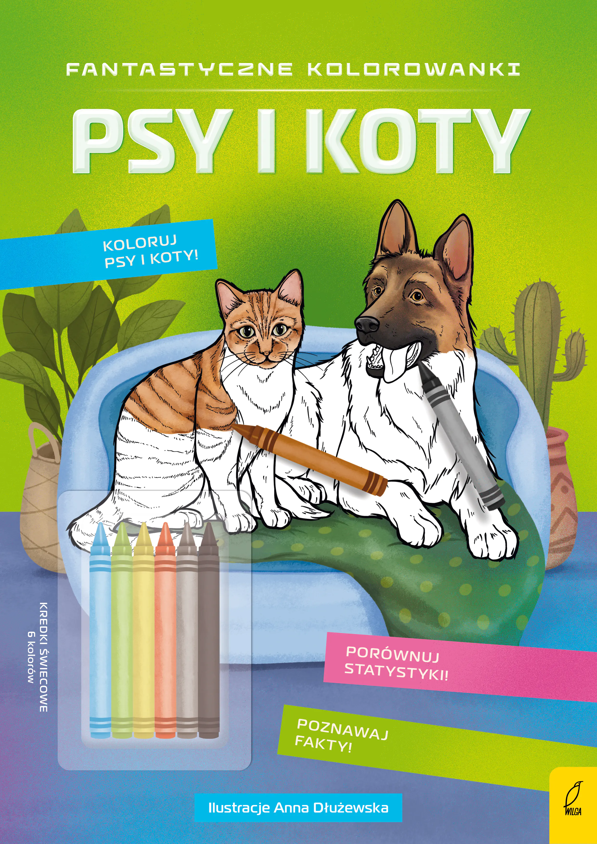 Książka - Psy i koty. Fantastyczne koloranki z kredkami