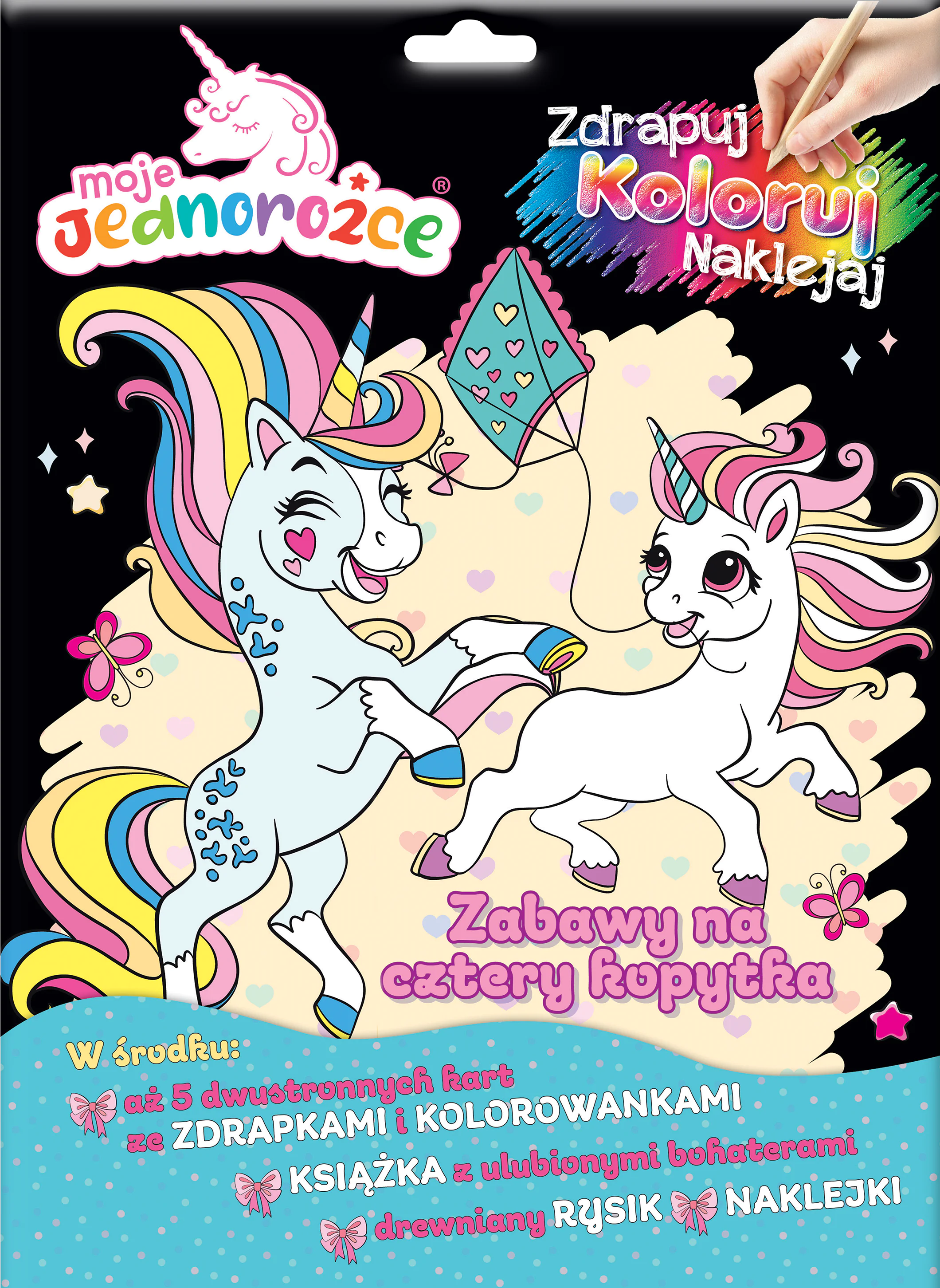 Książka - Zabawy na cztery kopytka. Moje Jednorożce. Zdrapuj, koloruj, naklejaj