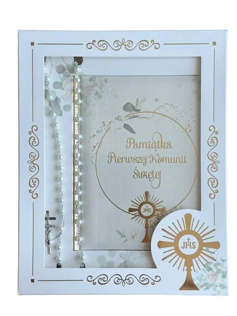 Książka - Pamiątka Pierwszej Komunii Świętej w pudełku z prezentem (różańcem)