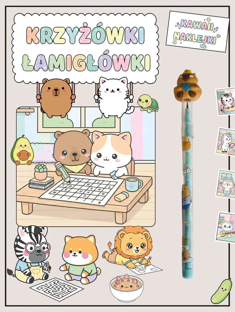 Książka - Krzyżowki, łamigłówki. Kawaii i naklejki