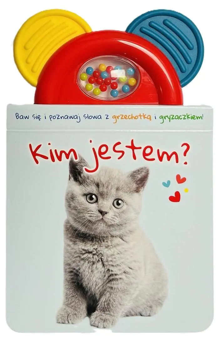 Książka - Kim jestem? niebieska. Książeczka z gryzaczkiem i grzechotką