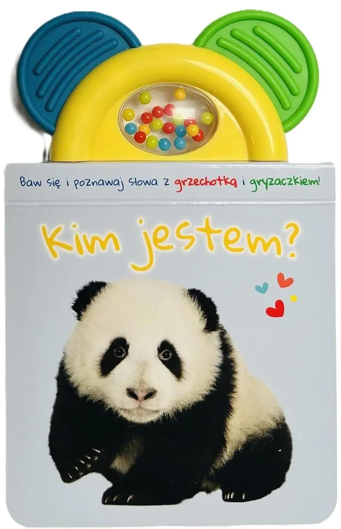 Książka - Kim jestem? błękitna. Książeczka z gryzaczkiem i grzechotką