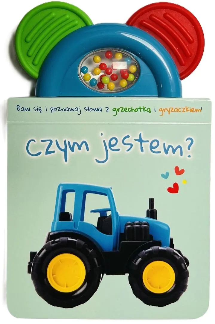 Książka - Czym jestem? zielona. Książeczka z gryzaczkiem i grzechotką