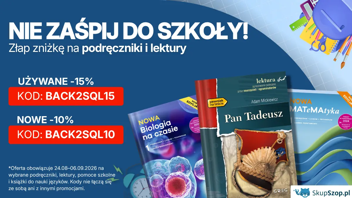 Grafika przedstawia kody rabatowe na KSIĄŻKI UŻYWANE  –15% z kodem: BACK2SQL15 i KSIĄŻKI NOWE –10% z kodem: BACK2SQL10