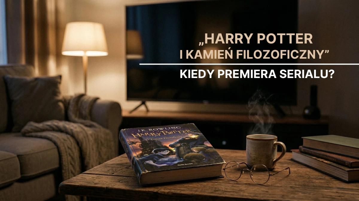 Na grafice widzimy książkę „Harry Potter i kamień filozoficzny” leżącą na drewnianym stoliku, w tle wyłączony telewizor.