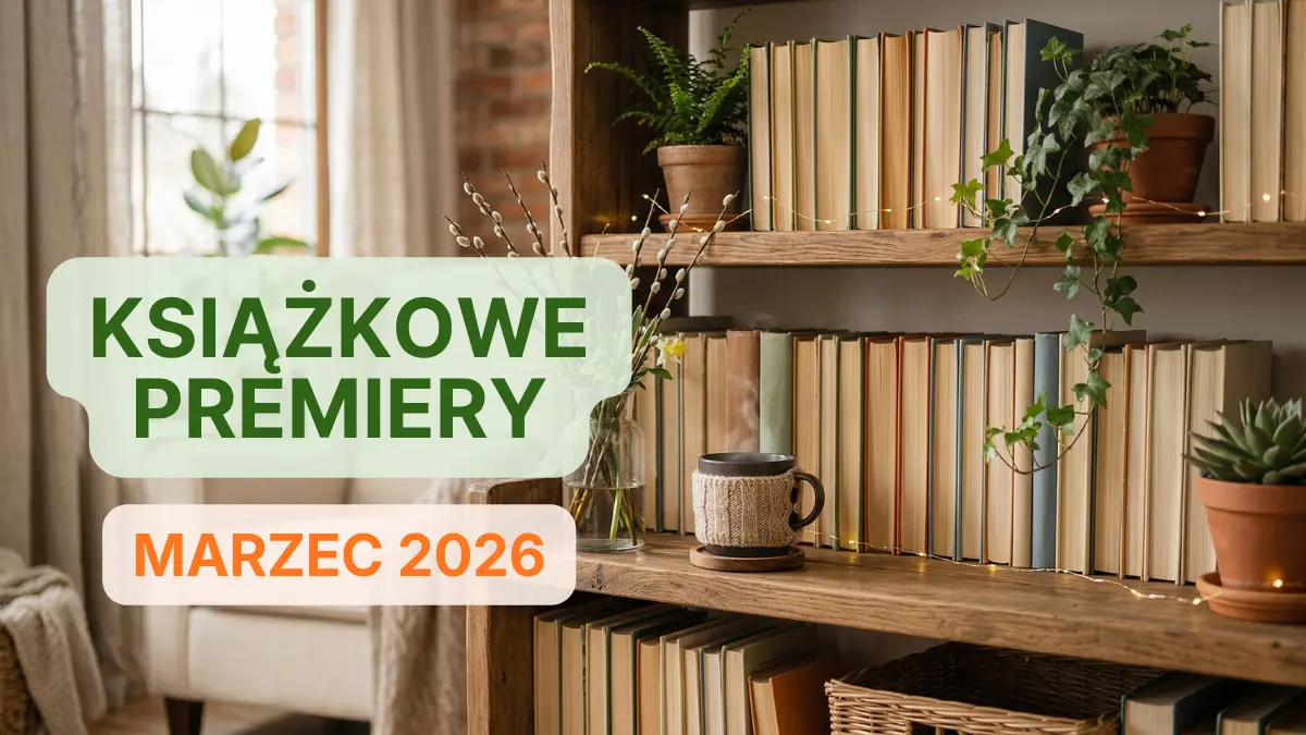 Jakie nowe książki ukazały się w marcu 2026? Obraz przedstawia półkę z książkami, udekorowaną roślinami, w przytulnym pokoju.