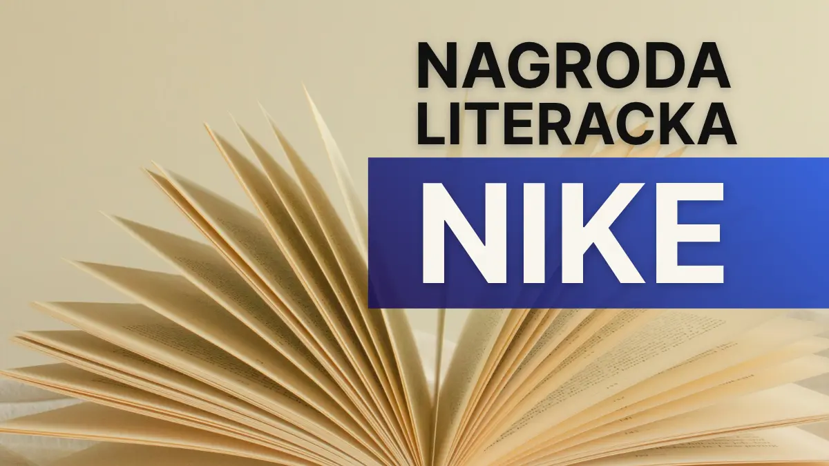 Obrazek przedstawia otwartą książkę na jasnym tle, obok napis: Nagroda Literacka Nike.