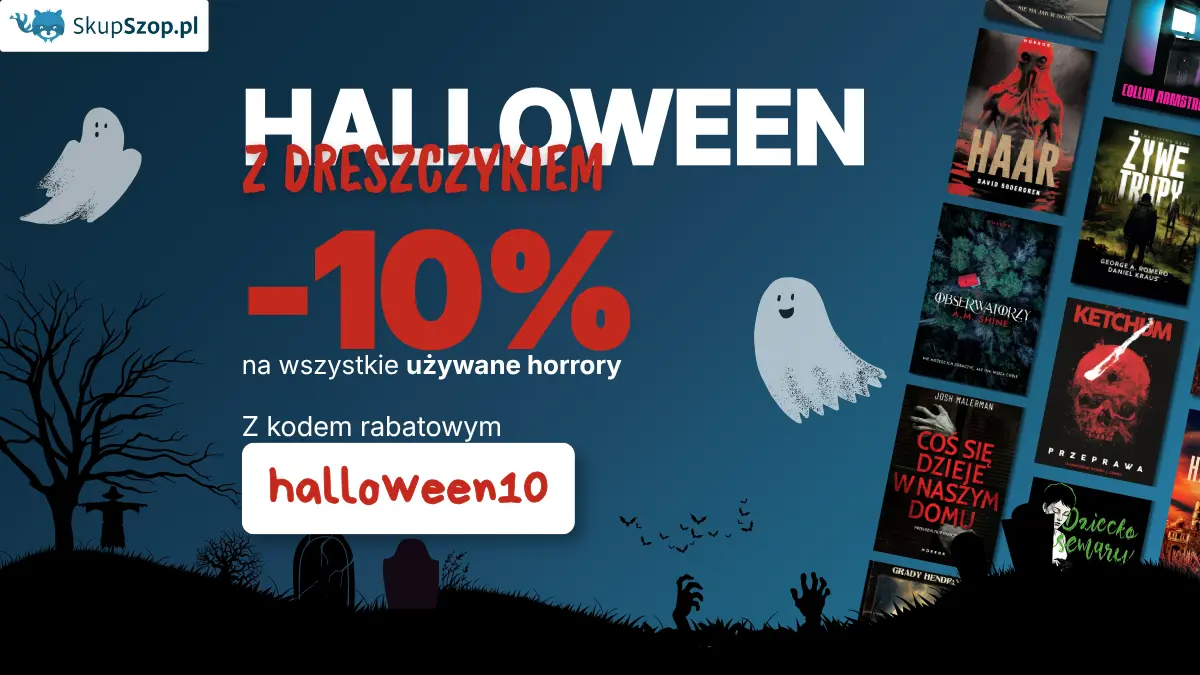 Okładki książek horrorów i napis Halloween z dreszczykiem! -10% na wszystkie używane horrory