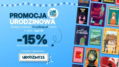 Napis na niebieskim tle: promocja urodzinowa -15% na wszystkie książki używane