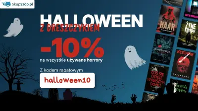 Okładki książek horrorów i napis Halloween z dreszczykiem! -10% na wszystkie używane horrory